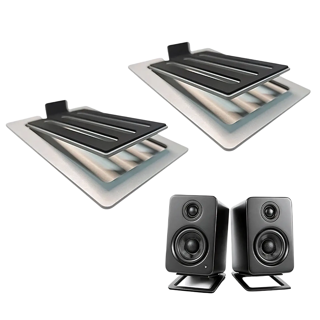 Black rectangular speakers with matte finish and two drivers each mounted on black aluminum desktop speaker stands 16° tilt pair