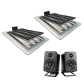 Black rectangular speakers with matte finish and two drivers each mounted on black aluminum desktop speaker stands 16° tilt pair