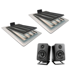 Black rectangular speakers with matte finish and two drivers each mounted on black aluminum desktop speaker stands 16° tilt pair