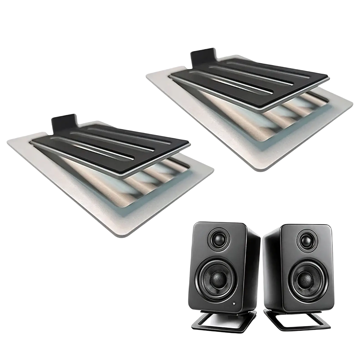 Black rectangular speakers with matte finish and two drivers each mounted on black aluminum desktop speaker stands 16° tilt pair