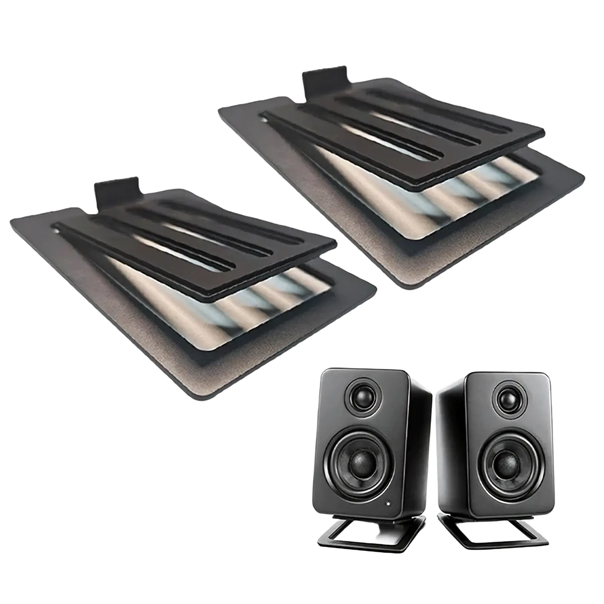 Black aluminum desktop speaker stands with matte finish and slotted design featuring 16 degree tilt pair