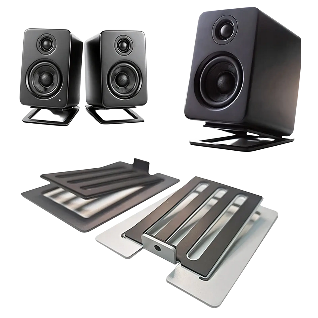 Black rectangular studio monitor speakers with two drivers on aluminum desktop speaker stands with 16° tilt pair