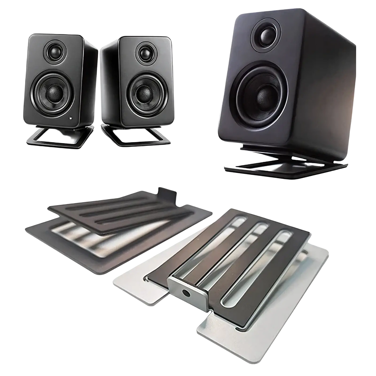Black rectangular studio monitor speakers with two drivers on aluminum desktop speaker stands with 16° tilt pair