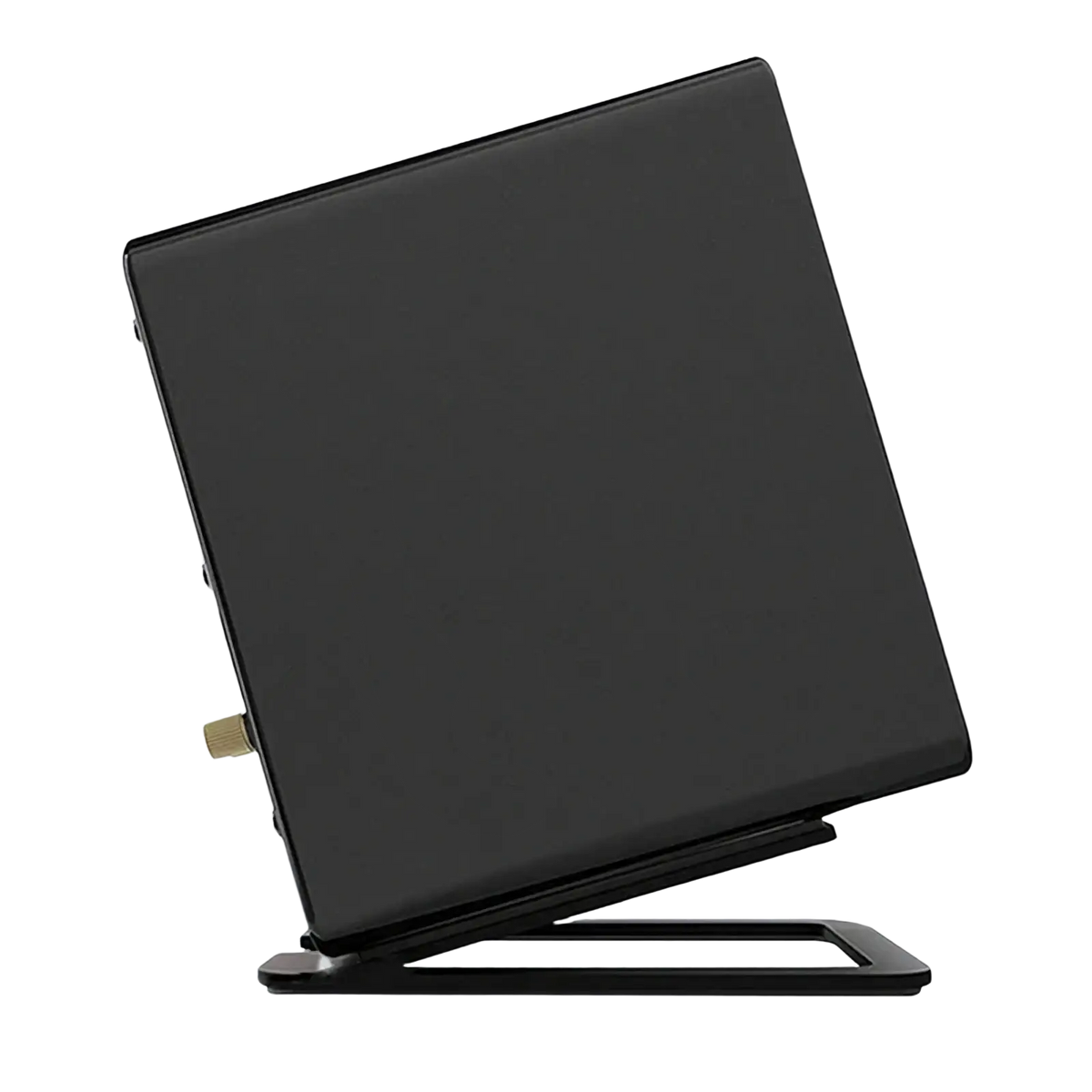 Black aluminum desktop speaker stand with sleek minimalist design metallic gold accent and 16 degree tilt angle