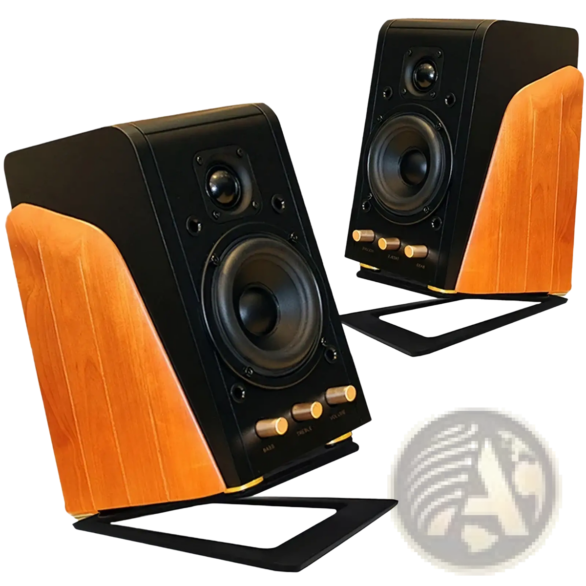 Black and wood finished bookshelf speakers with gold control knobs on aluminum desktop speaker stands with 16 degree tilt