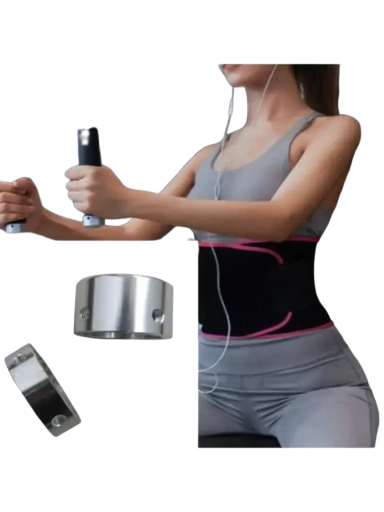 Black and pink waist trainer belt with metallic silver clasps designed as a 25mm aluminum exercise machine handle end cap