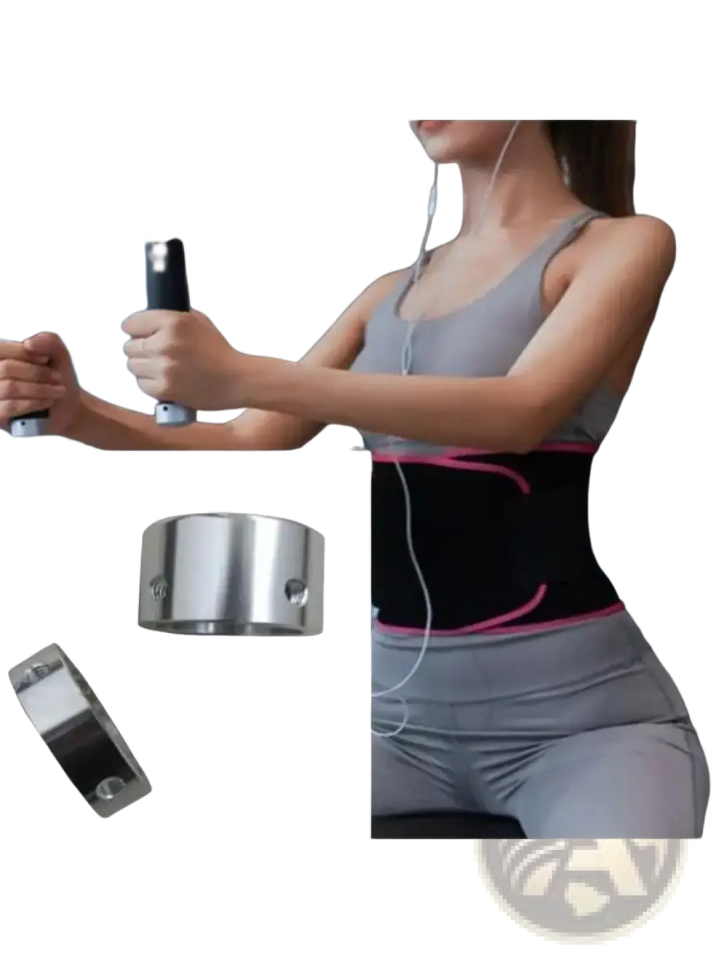 Black and pink waist trainer belt with metallic silver clasps designed as a 25mm aluminum exercise machine handle end cap