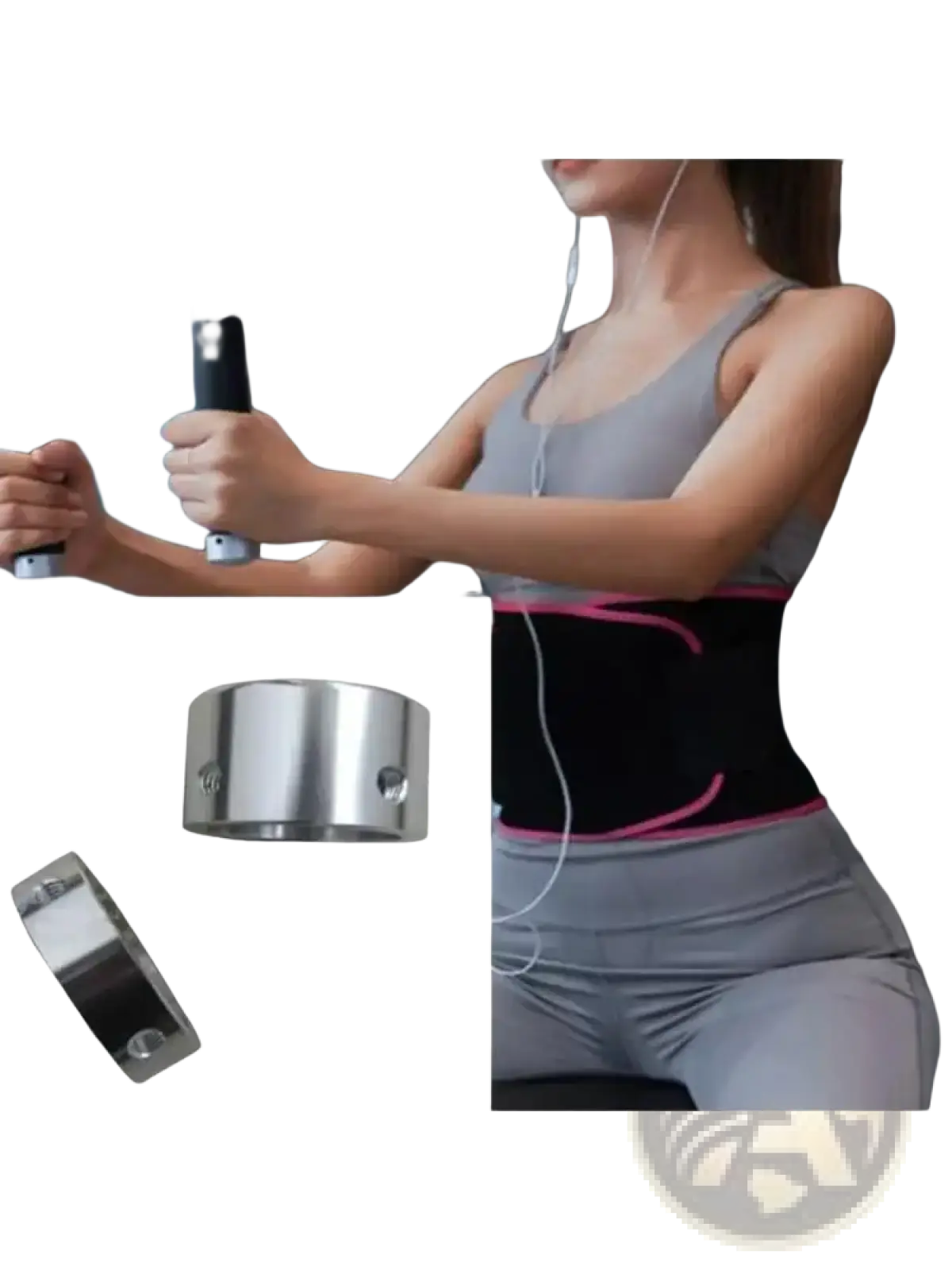 Black and pink waist trainer belt with metallic silver clasps designed as a 25mm aluminum exercise machine handle end cap