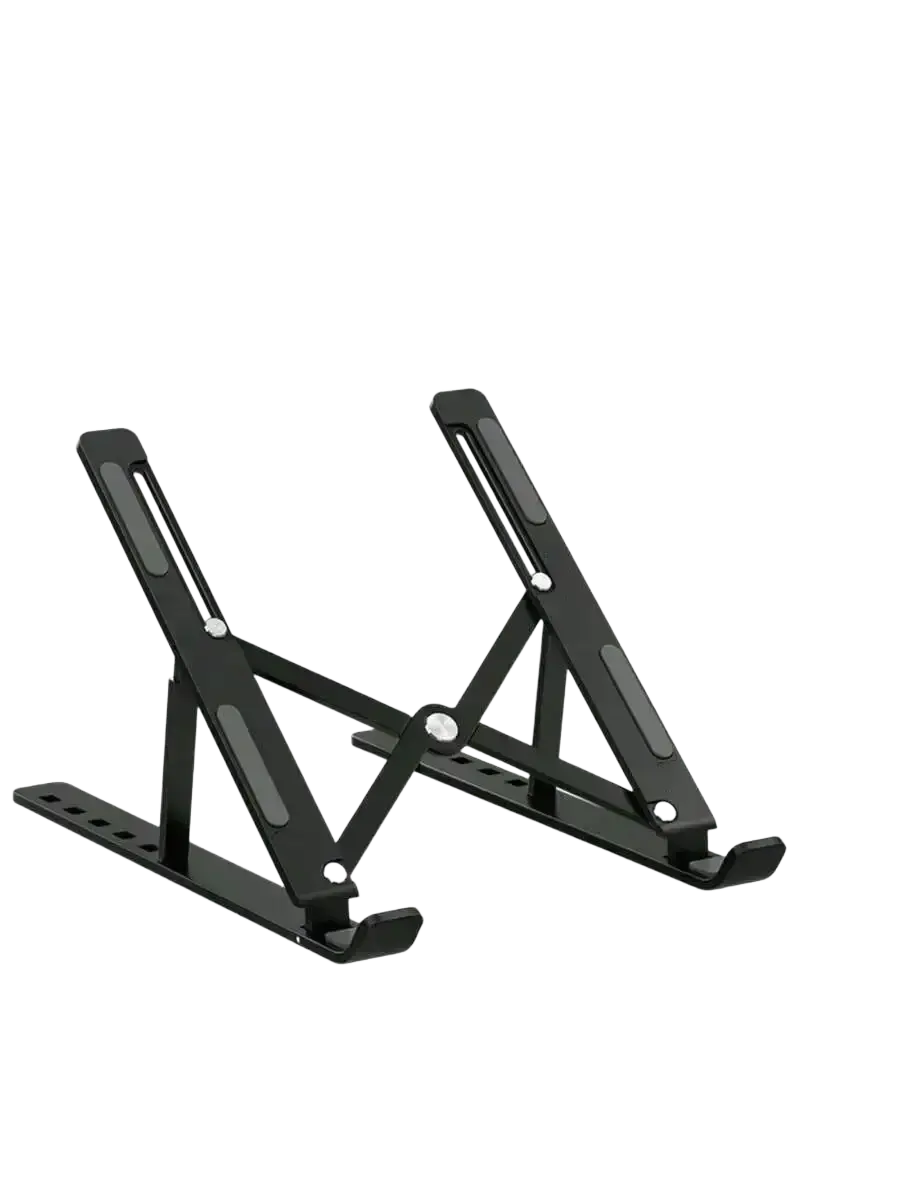 Black aluminum foldable laptop stand with adjustable height and sleek minimalist design matte finish for notebook riser