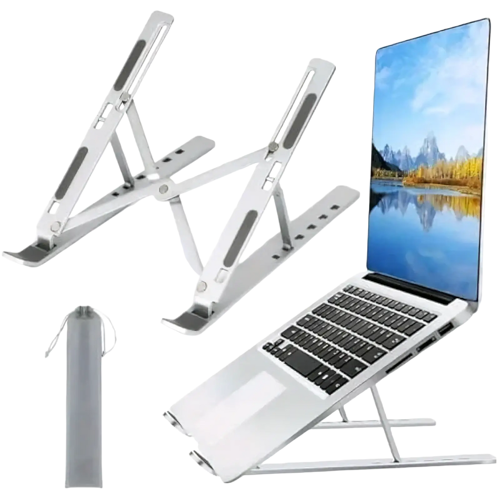 Silver aluminum foldable laptop stand with adjustable height for ergonomic notebook use and portable storage