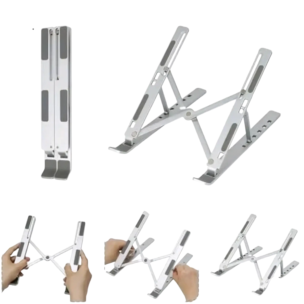 Silver aluminum foldable laptop stand with adjustable height designed as a notebook riser for ergonomic use
