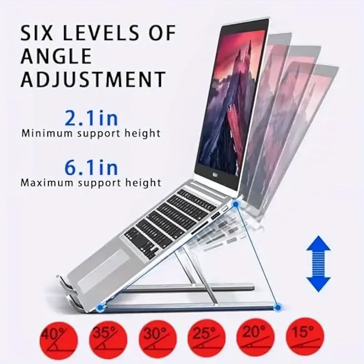 Silver aluminum foldable laptop stand adjustable with six angle levels for ergonomic notebook support