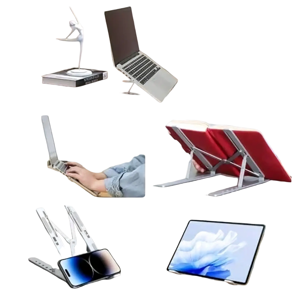 Silver aluminum foldable laptop stand with adjustable height for laptops and tablets shown from the back side
