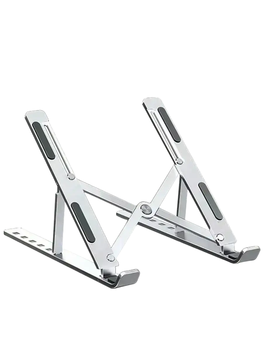 Silver aluminum foldable laptop stand with black rubberized grip pads adjustable notebook riser visible from back side