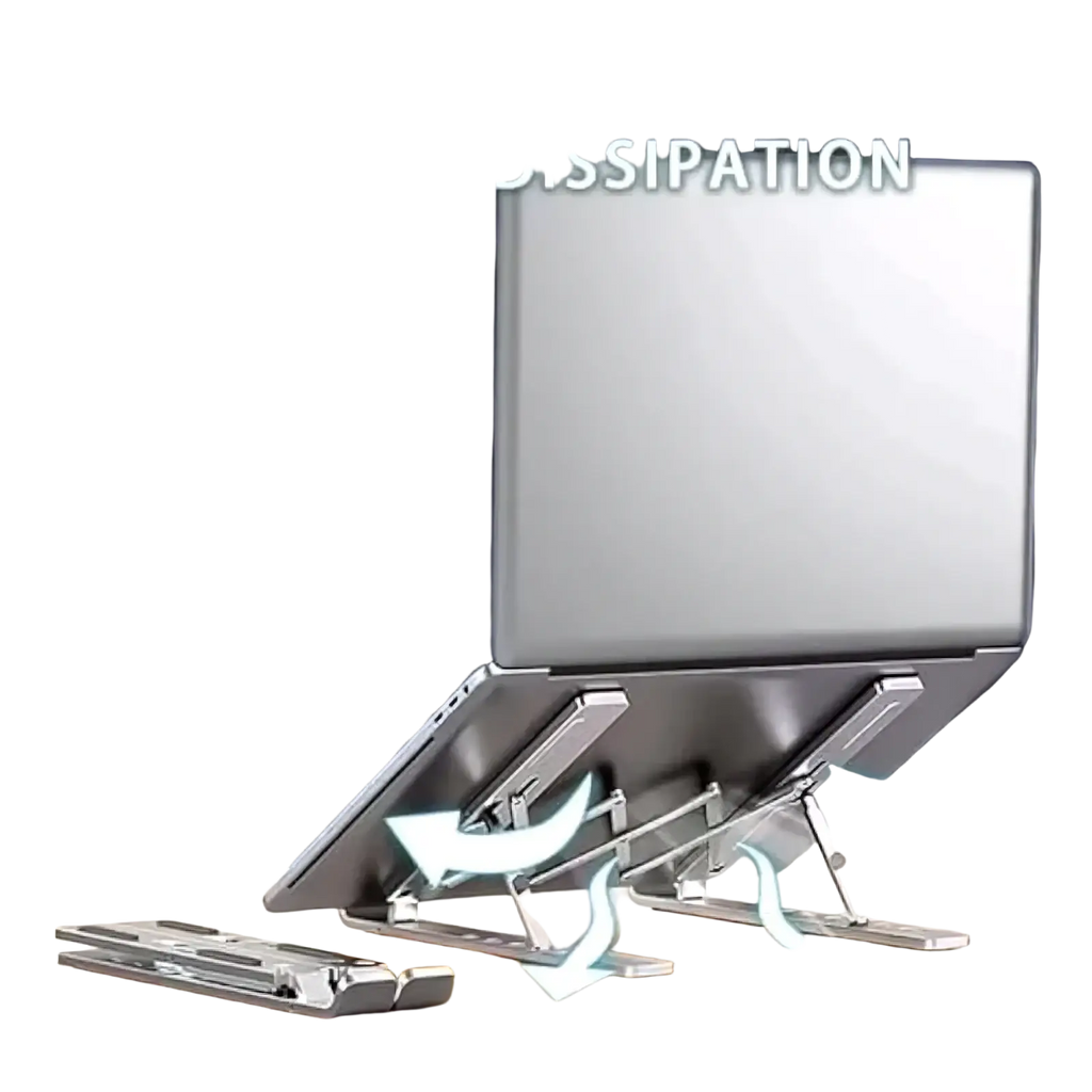 Silver aluminum foldable laptop stand with hollow design for better heat dissipation and adjustable riser features