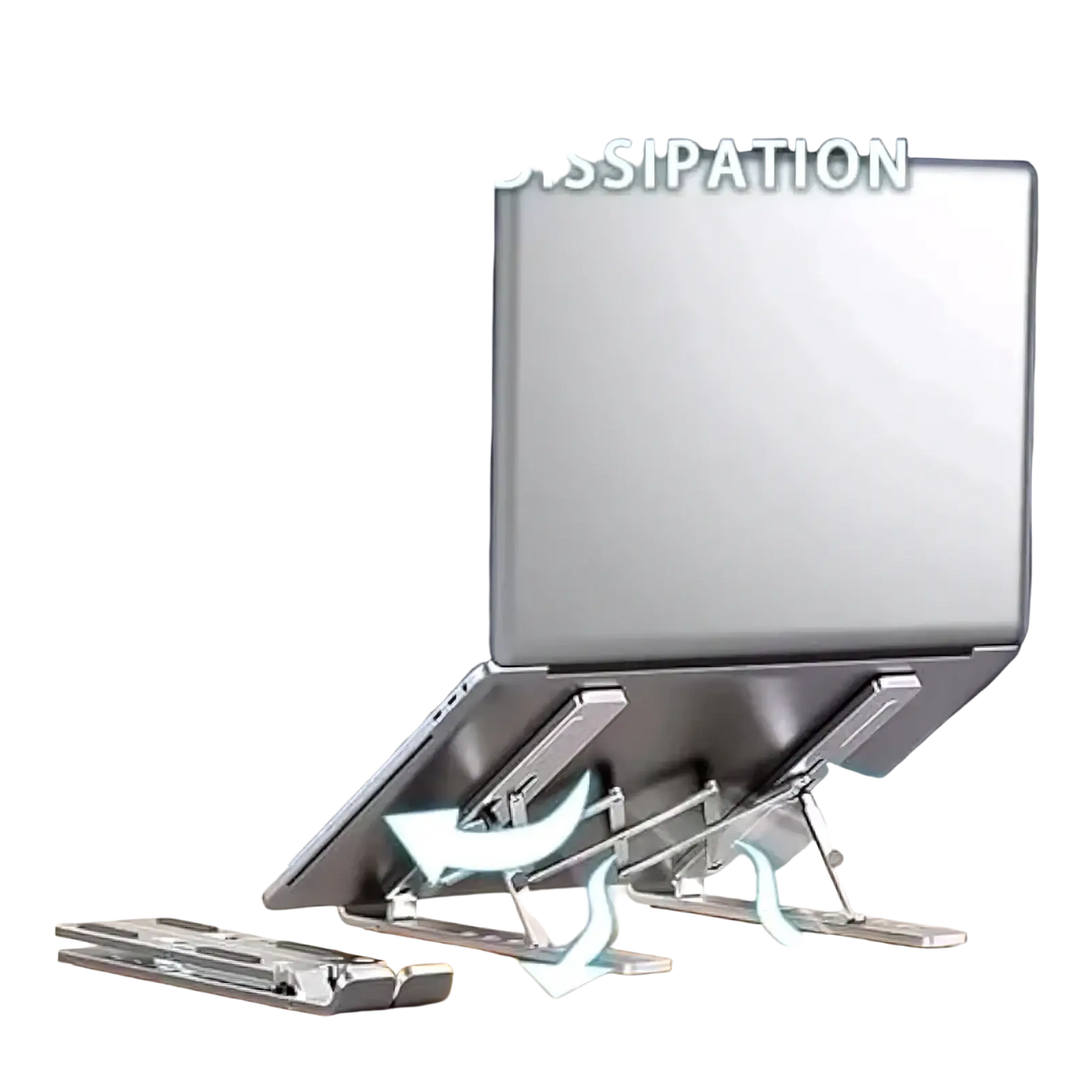 Silver aluminum foldable laptop stand with hollow design for better heat dissipation and adjustable riser features