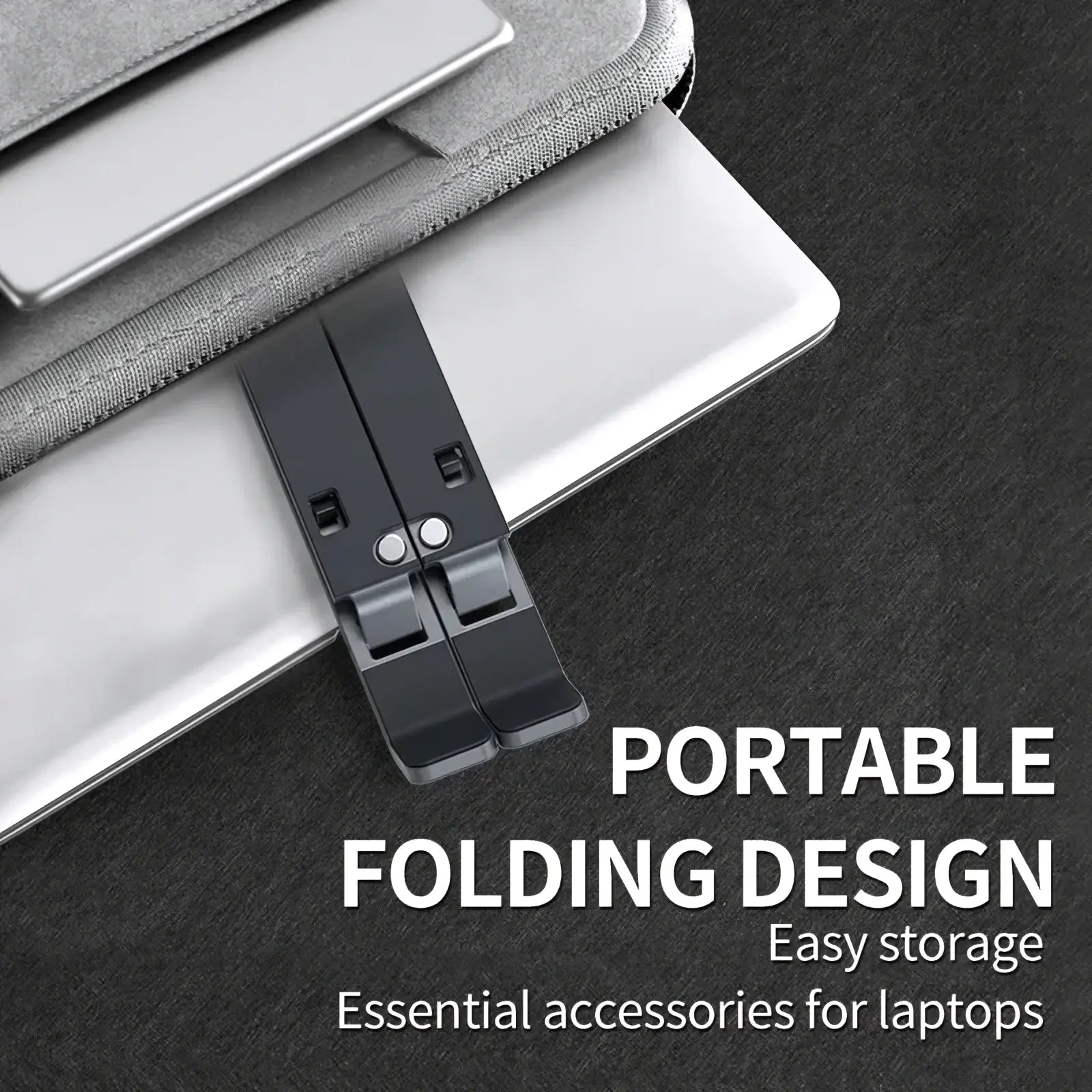 Black aluminum foldable portable laptop stand with adjustable clamps and a sleek minimalist design for convenience