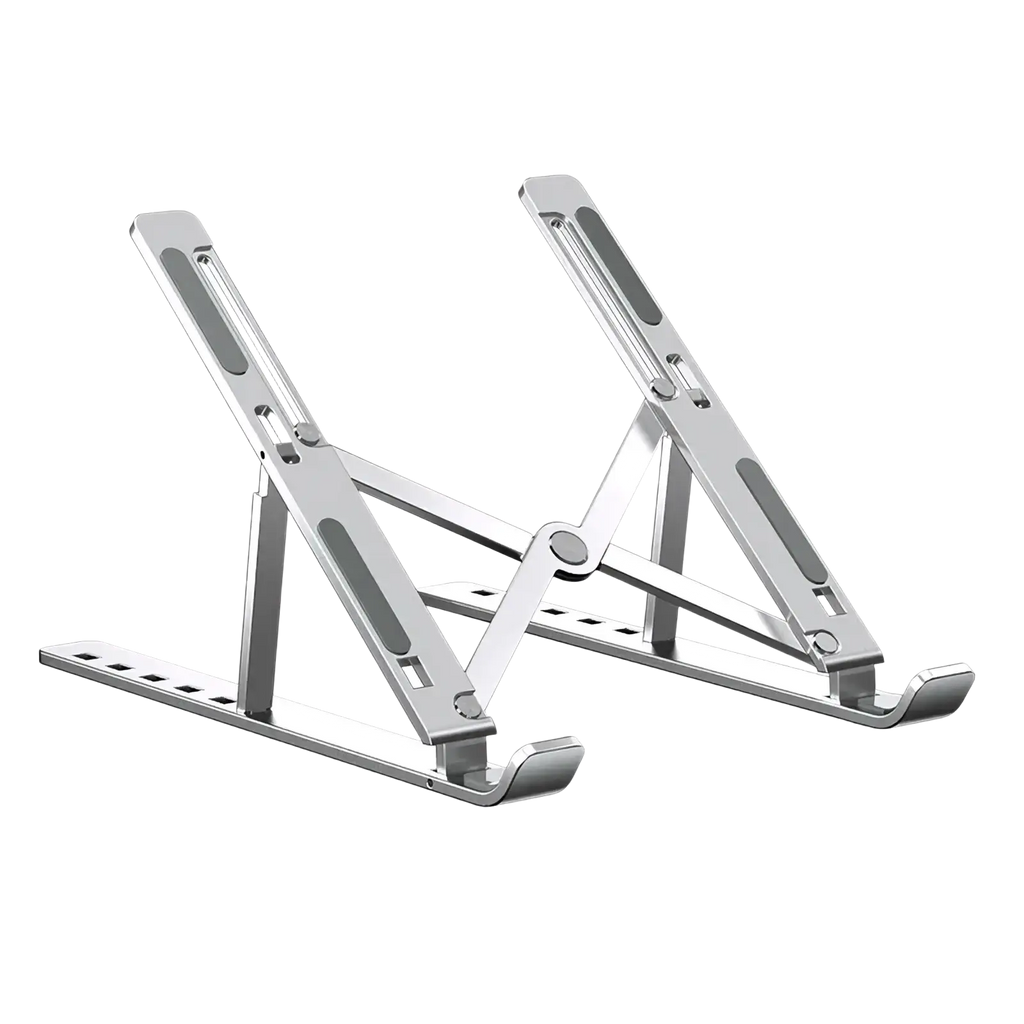 Silver aluminum alloy foldable portable laptop stand with sleek design for ergonomic computer use