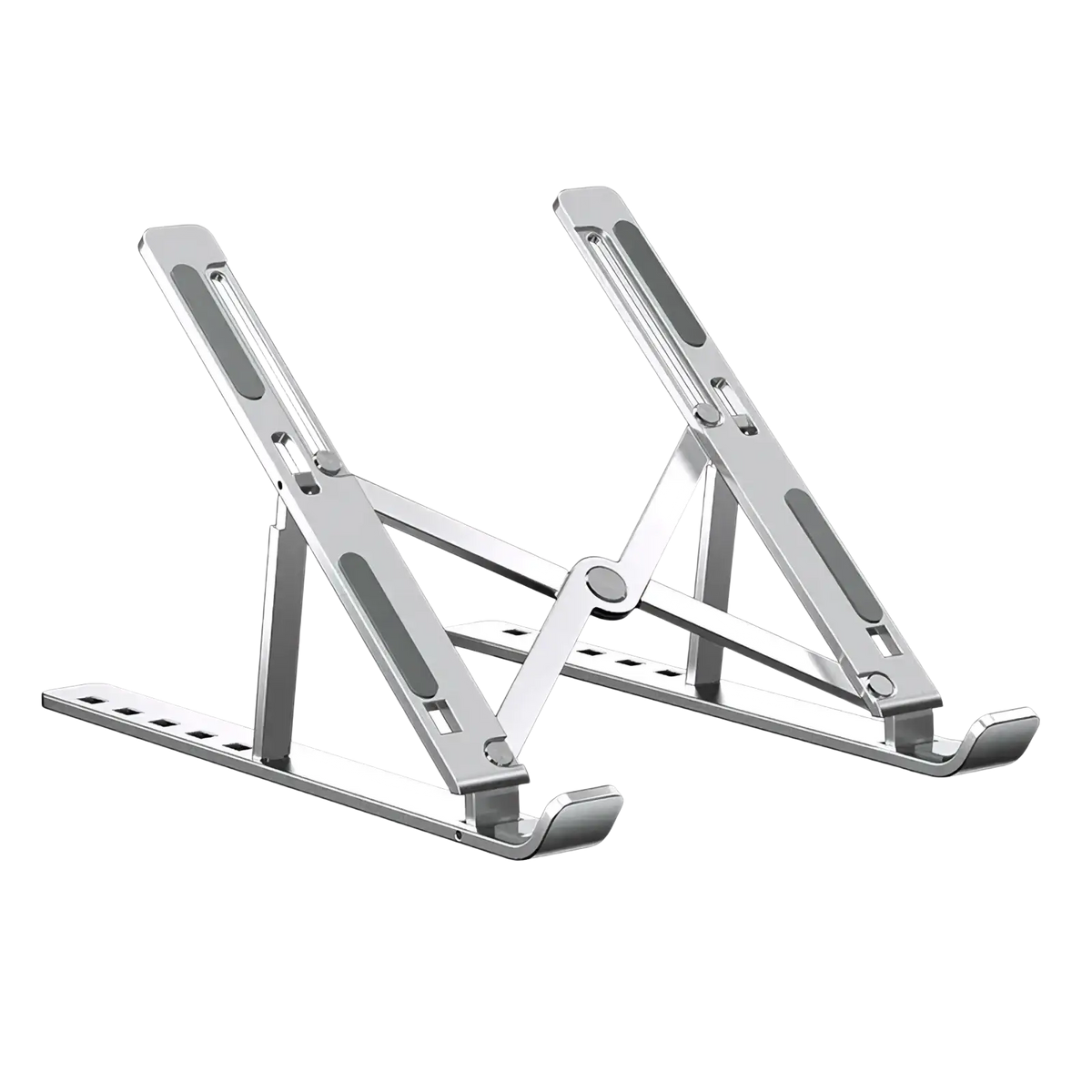 Silver aluminum alloy foldable portable laptop stand with sleek design for ergonomic computer use