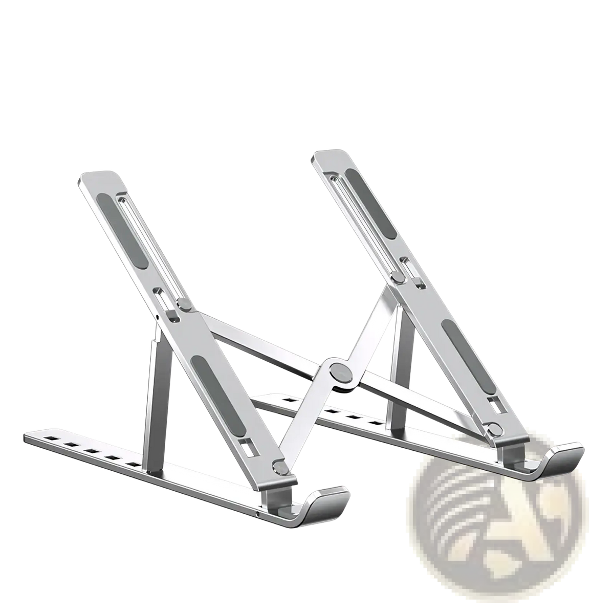 Silver aluminum alloy portable laptop stand with sleek foldable design for easy transport and adjustable use