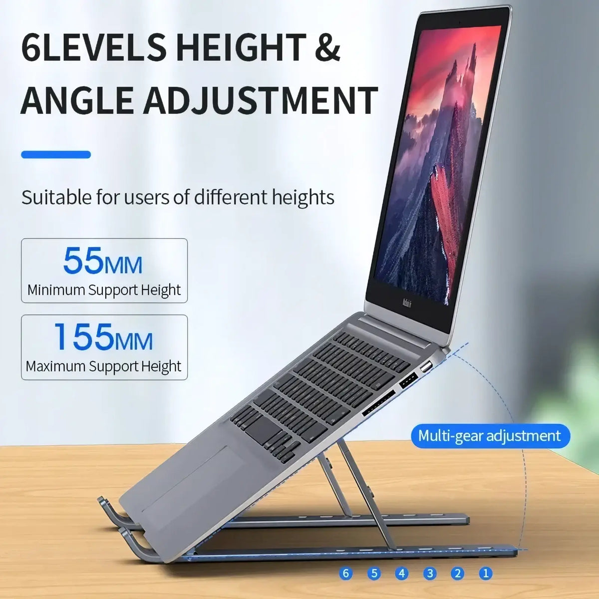 Silver aluminum foldable portable laptop stand with six adjustable height and angle levels for ergonomic support