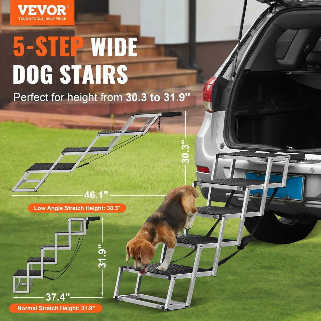 Silver aluminum folding dog car steps with black non-slip surfaces designed for easy vehicle trunk access