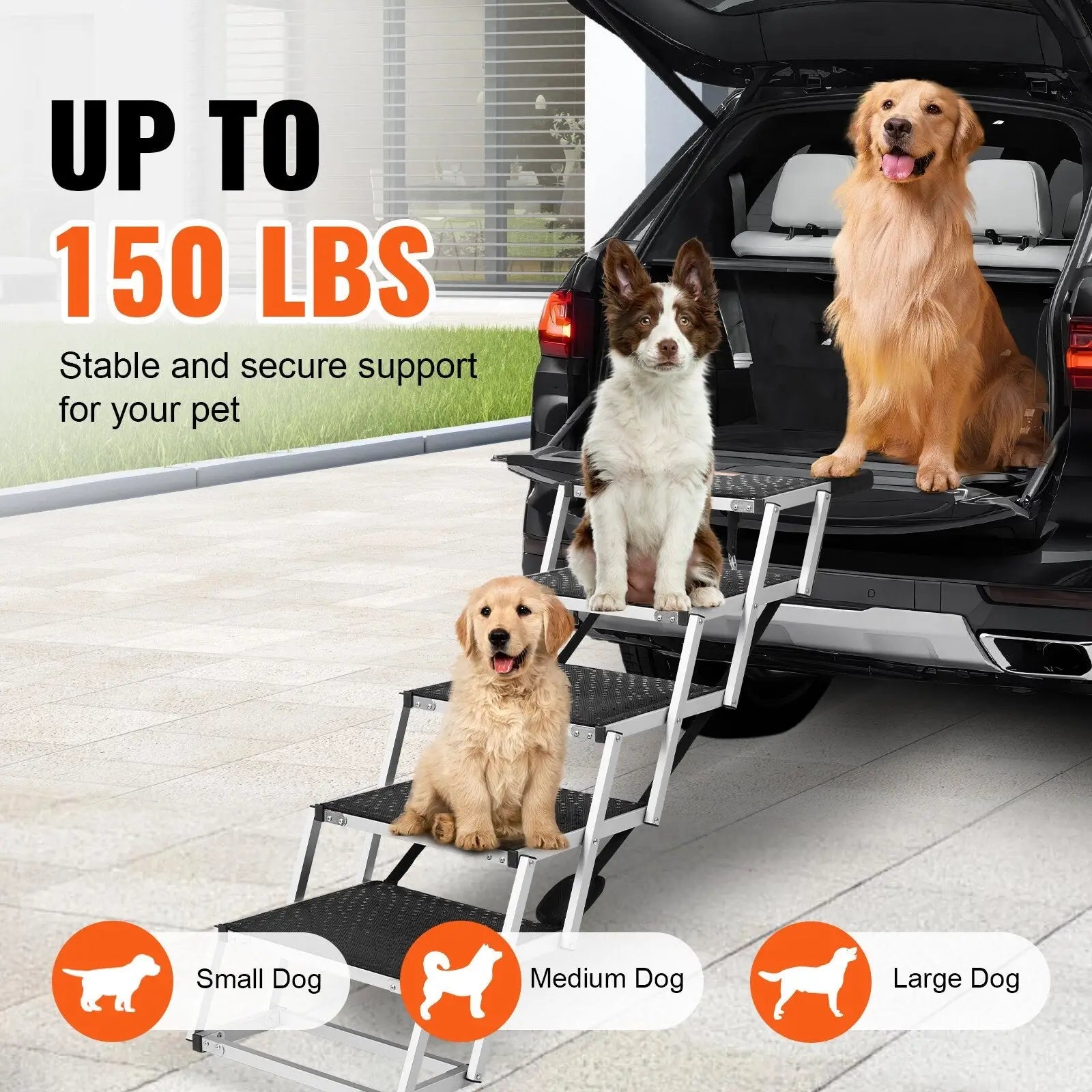 Silver aluminum folding dog car steps with black non slip steps for dogs up to 150 lbs shown from back side