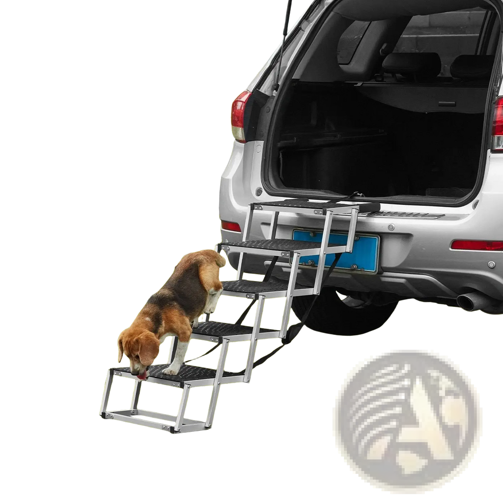 Silver aluminum folding dog car steps with black non slip treads designed for easy vehicle access and 150 lbs capacity