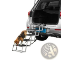 Silver aluminum folding dog car steps with black non slip treads designed for easy vehicle access and 150 lbs capacity