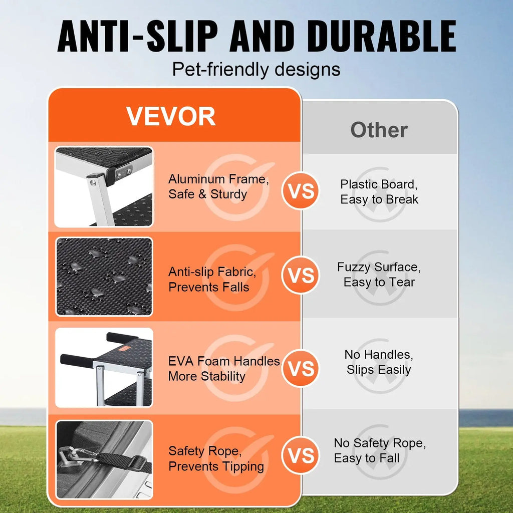 Vevor aluminum folding dog car steps with an aluminum frame, anti slip fabric top, and eva foam handles for 150 lbs capacity