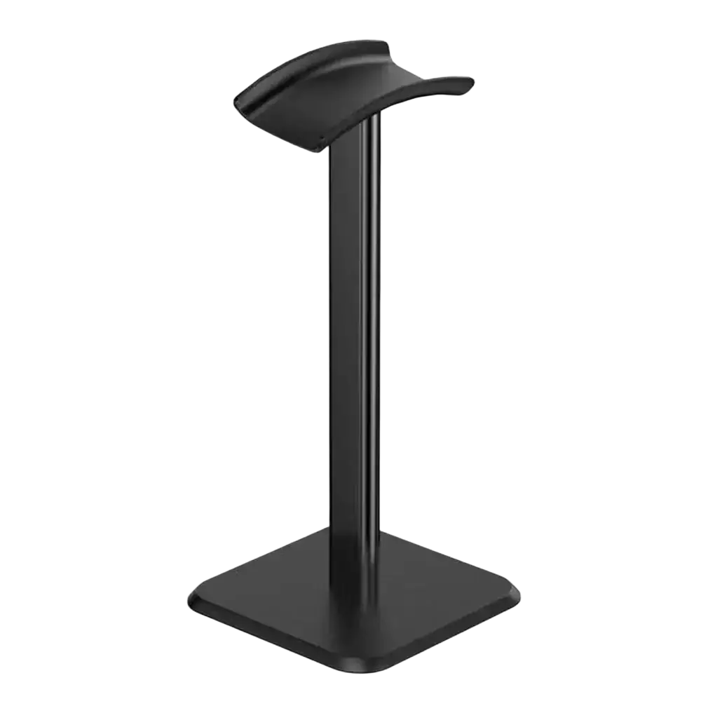 Black matte aluminum headphone stand with soft silicone top and minimalist design for headset holder use