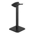 Black matte aluminum headphone stand with sleek minimalist design featuring soft silicone top and metal rod structure