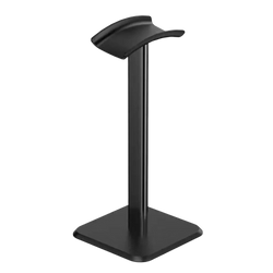 Black matte aluminum headphone stand with sleek minimalist design featuring soft silicone top and metal rod structure