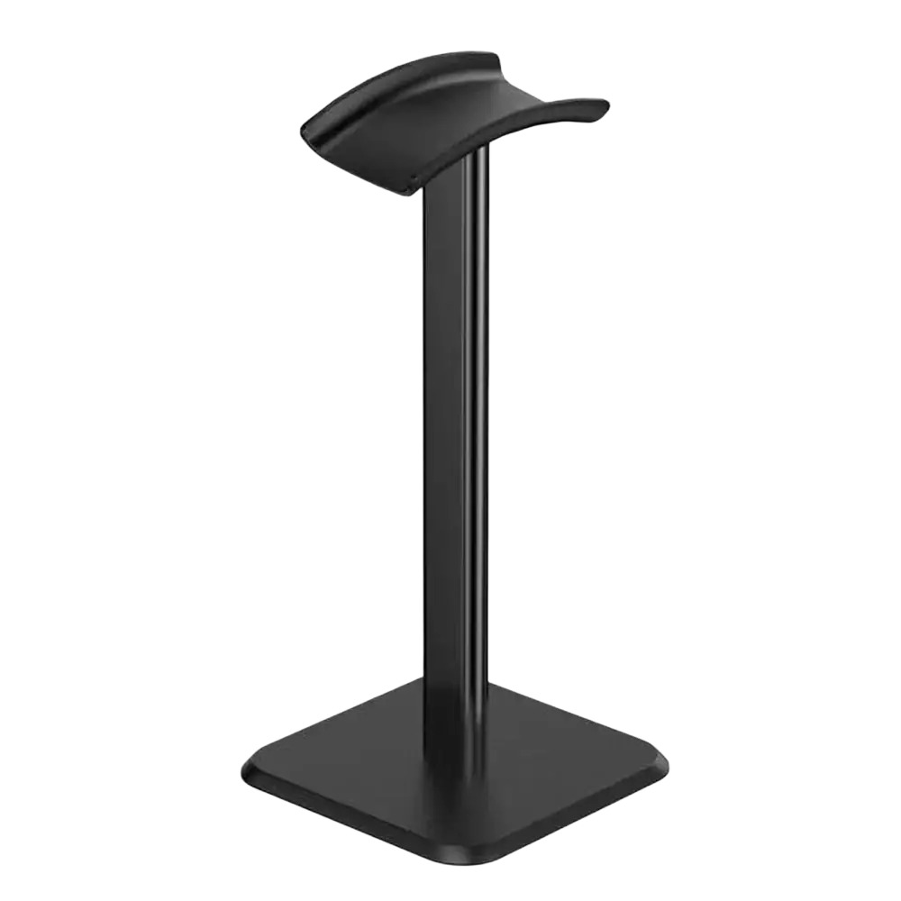 Black matte aluminum headphone stand with sleek minimalist design featuring soft silicone top and metal rod structure
