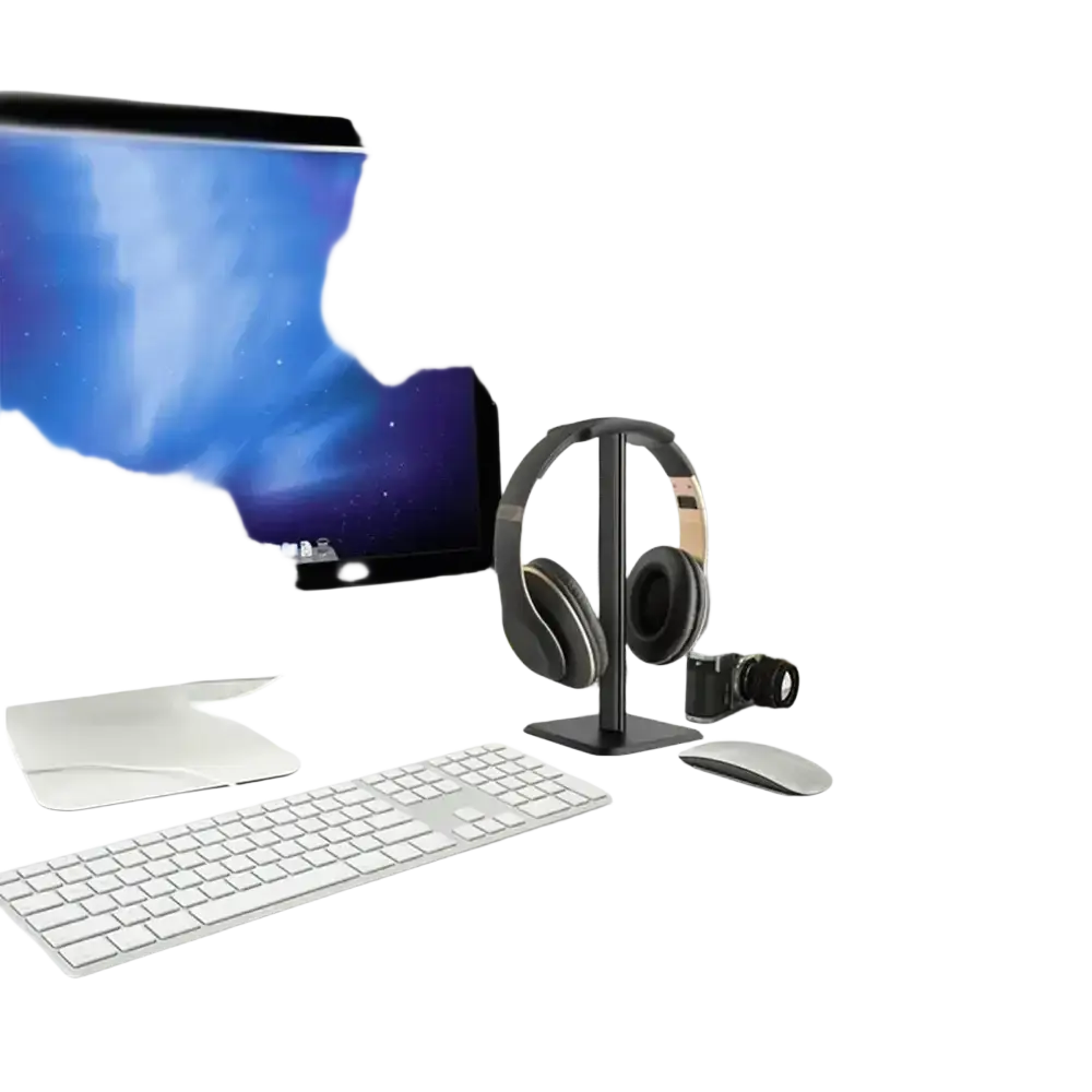 Black over-ear headphones with gold accents resting on an aluminum headphone stand with soft silicone top and metal rod
