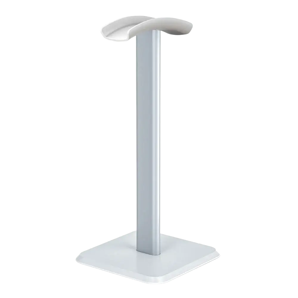 White minimalist aluminum headphone stand with soft silicone top and metal rod featuring sleek matte finish