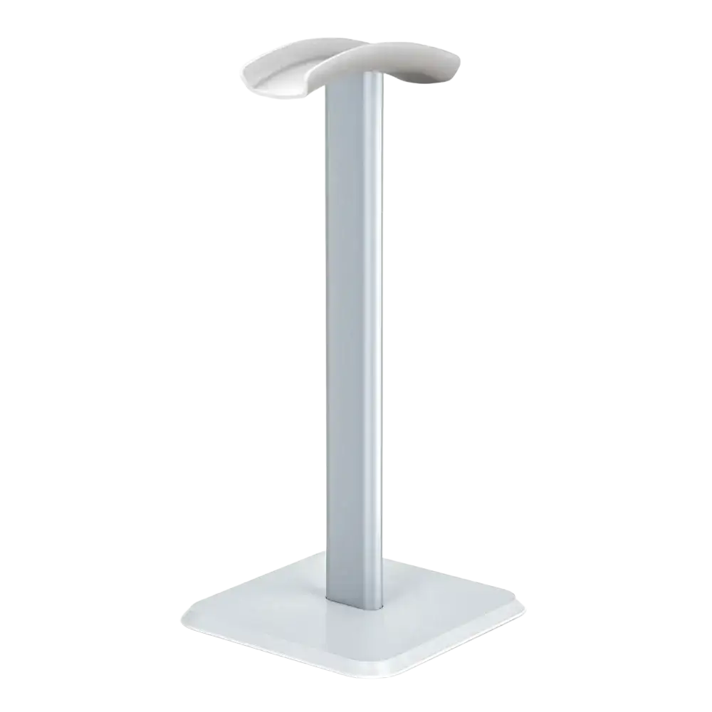 White minimalist aluminum headphone stand with soft silicone top and sleek modern headset holder design