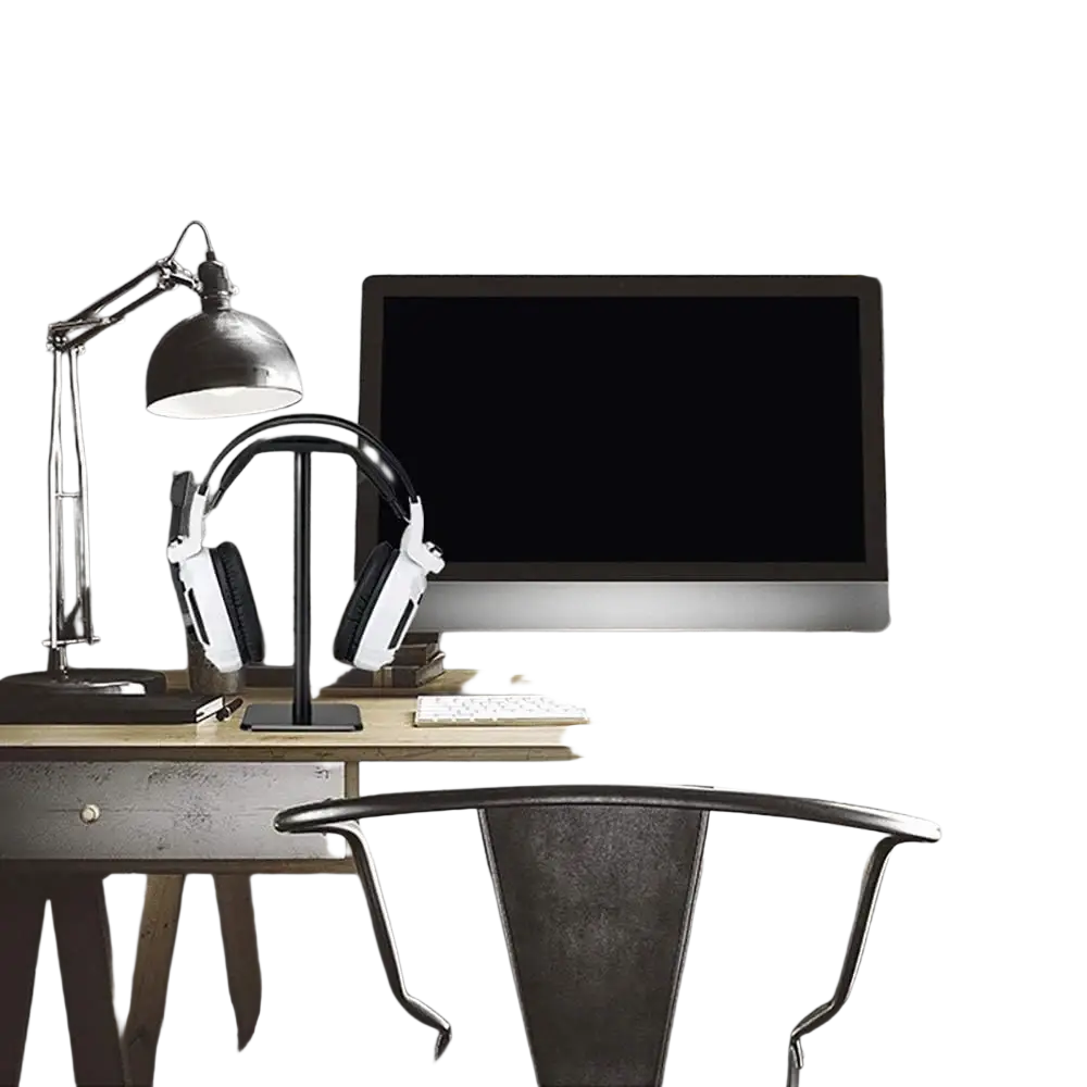 White over-ear headphones with black earcups on a metal rod aluminum headphone stand with soft silicone top