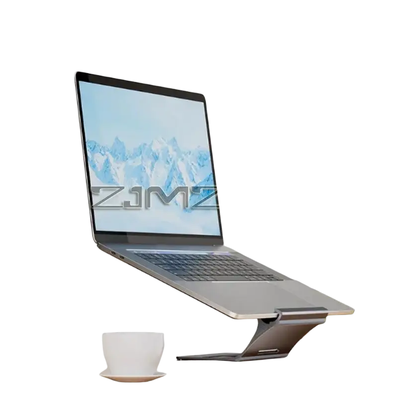 Silver aluminum laptop stand with sleek minimalist design and sturdy metal construction for adjustable desk use