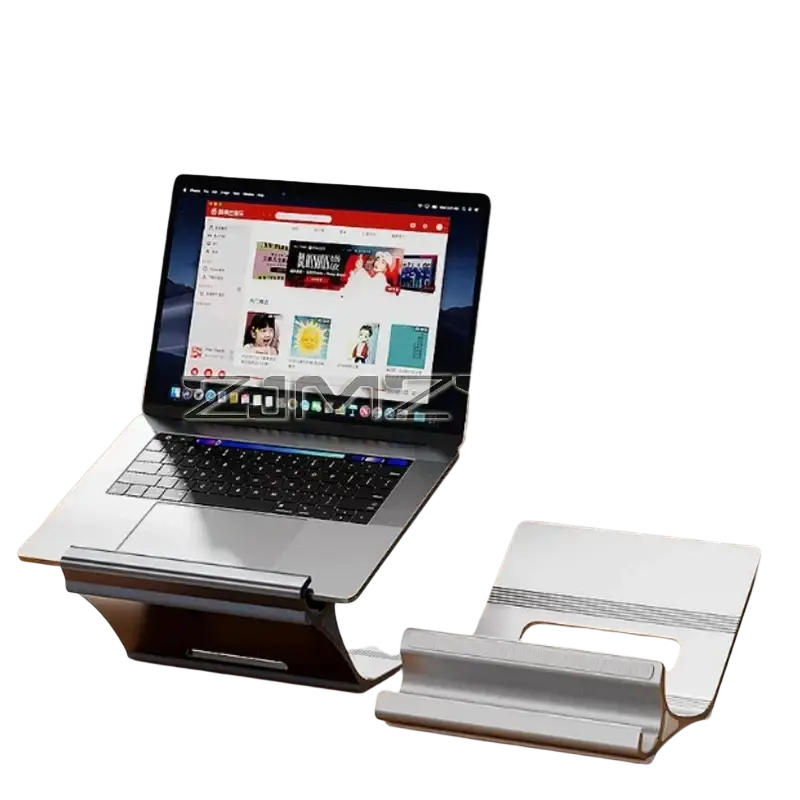 Silver aluminum laptop stand with adjustable desk holder and sleek minimalist design for ergonomic use