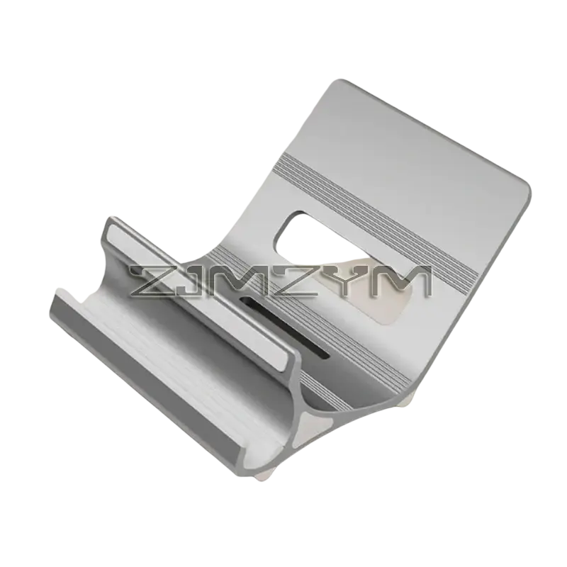 Silver aluminum laptop stand with textured horizontal grooves and cutout slot for adjustable desk use