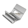 Silver aluminum laptop stand with textured horizontal grooves and cutout slot for adjustable desk use