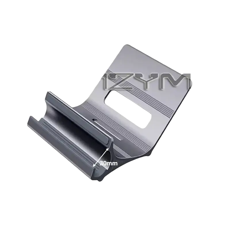 Silver-colored aluminum laptop stand with sleek angular design and textured grooves for grip adjustable desk holder