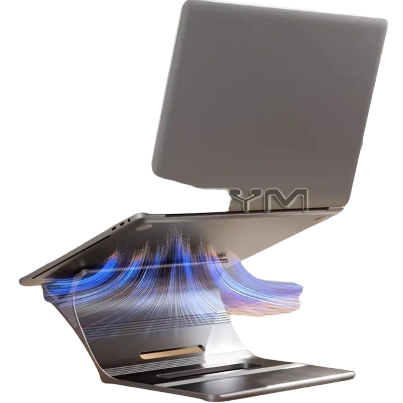 Silver aluminum laptop stand with blue glowing airflow design adjustable for desk use