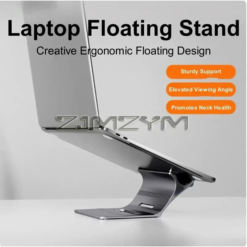 Silver aluminum laptop stand with a sleek curved design adjustable desk holder for ergonomic use