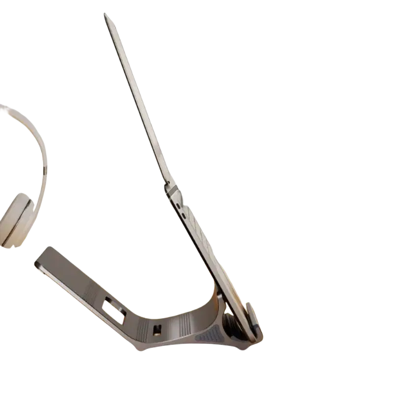 Silver aluminum laptop stand with adjustable angles for ergonomic and switchable working postures on desk
