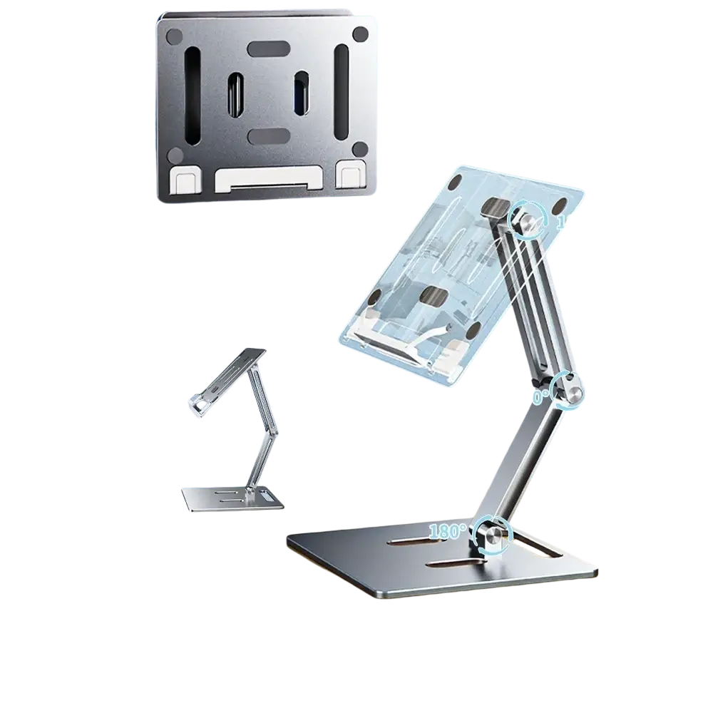 Adjustable silver aluminum laptop stand with sleek minimalist design and 360-degree rotation capability