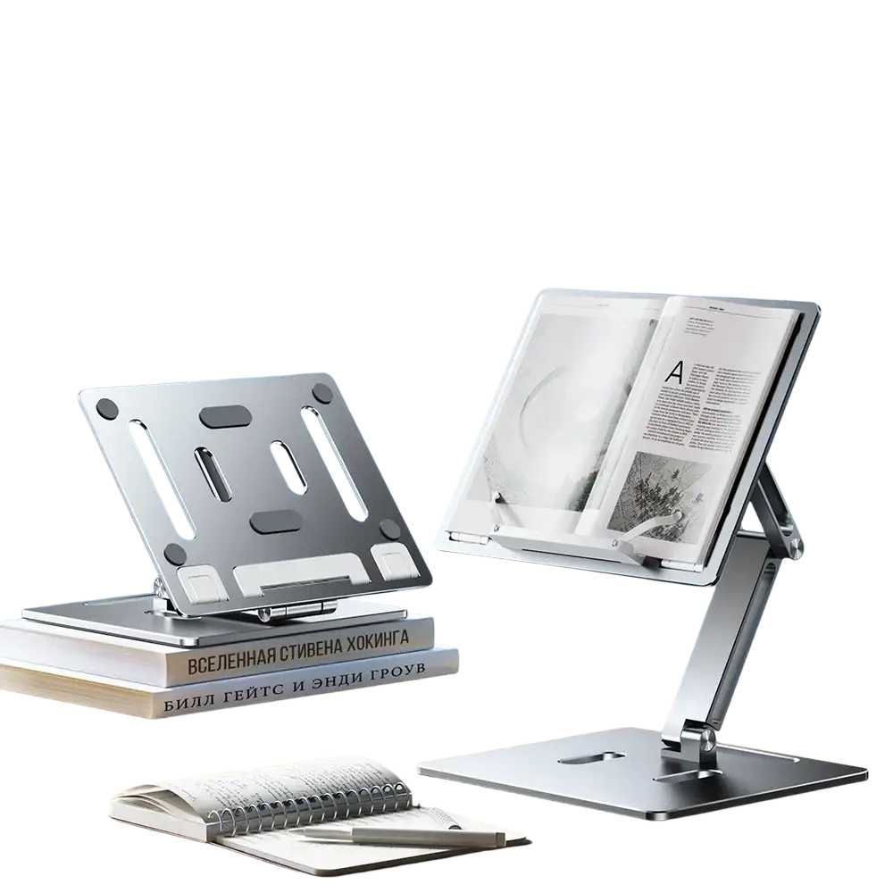 Adjustable silver aluminum laptop stand with sleek minimalist design and multiple slots for secure device placement