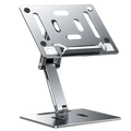 Silver aluminum laptop stand with sleek minimalist design and multiple adjustable slots for device support