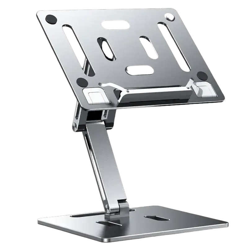 Silver aluminum laptop stand with sleek minimalist design and multiple adjustable slots for device support
